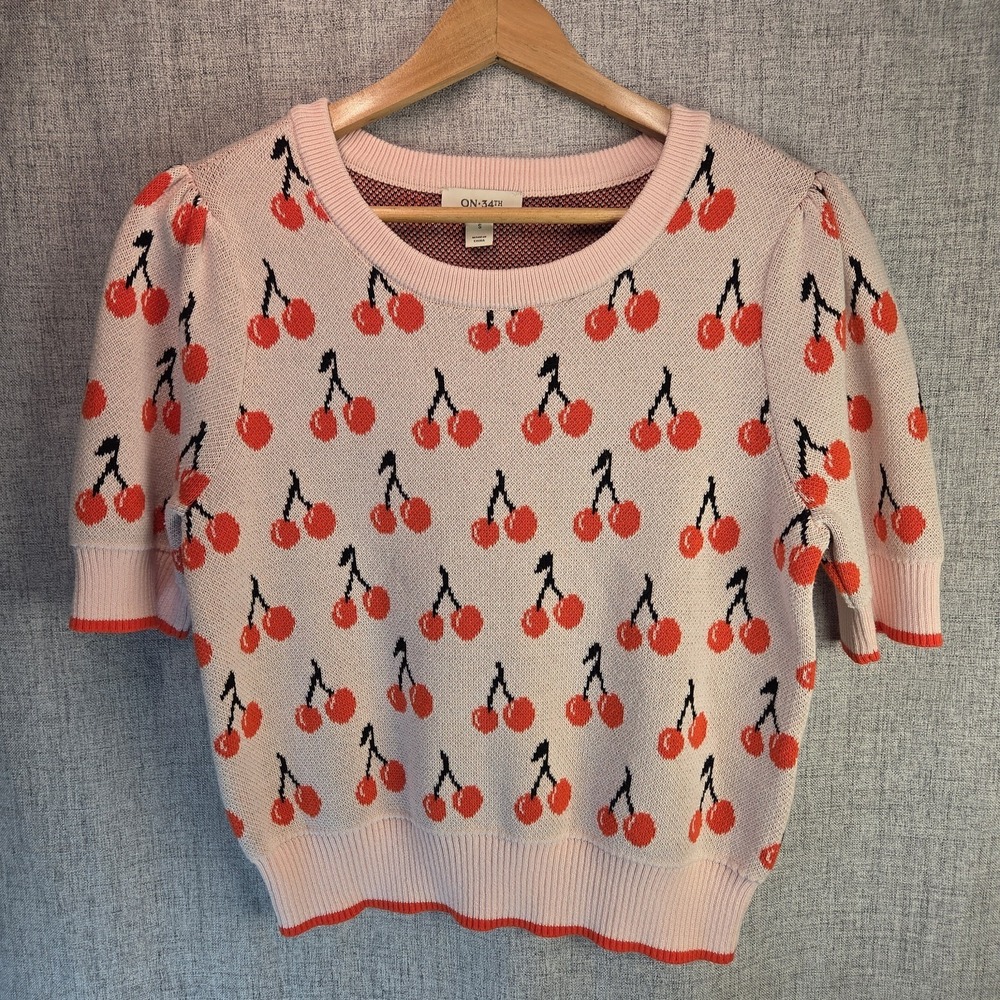 ON 34TH Pink SS Sweater Whimsical Cherry Print Women's Small Americana Cottage